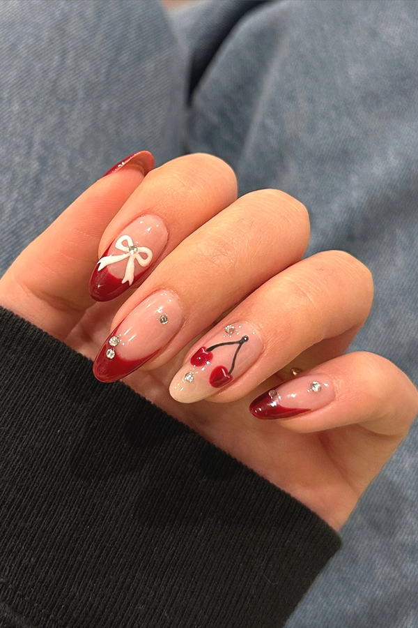 red french tip nails, cherry red nails