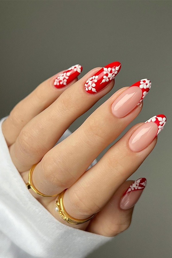 snowflake red nails, winter red nails, red nail designs