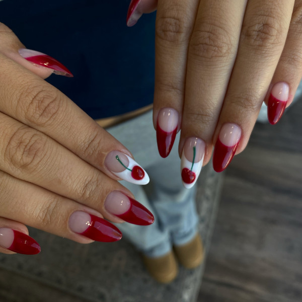 red french tip nails, red nails with cherry, simple red nails