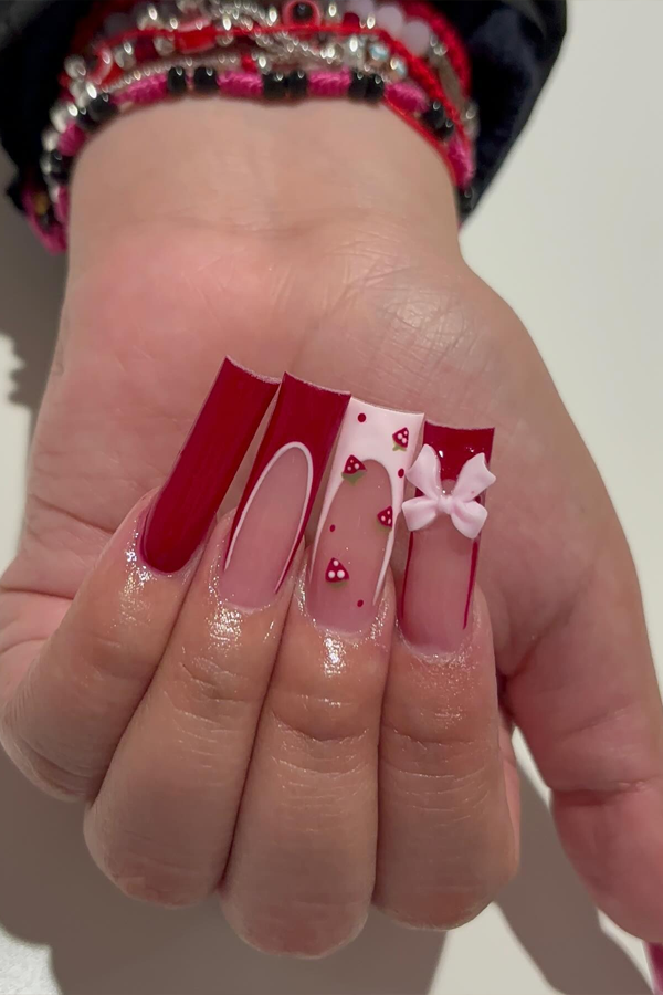 acrylic french tip nails, strawberry accents red nails