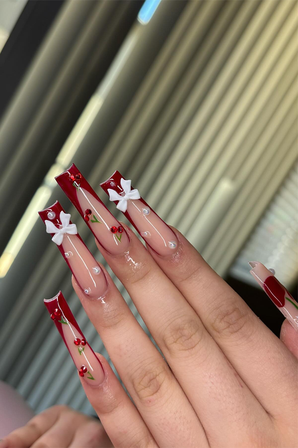 red french tip acrylic nails, red nails with bow