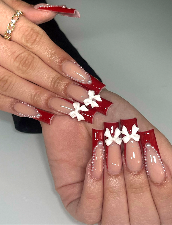 red french tip acrylic nails, red nails with bow, red nail designs, red french tip nails with bow