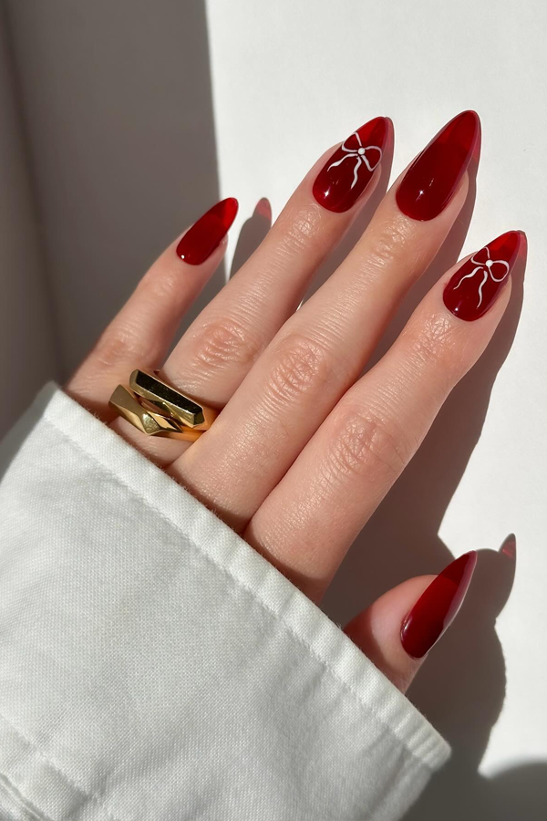 red jelly nails with bow, simple red nails, cute red nail designs