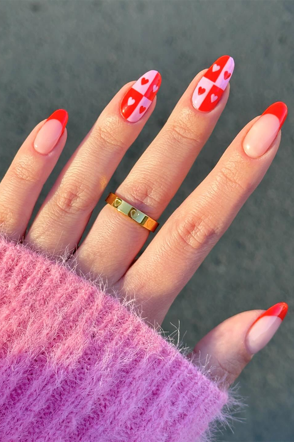 pink and red checkered nails, cute red nails