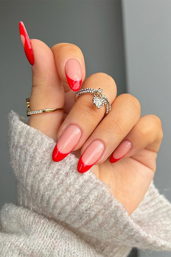 simple red nails, red french tip nails