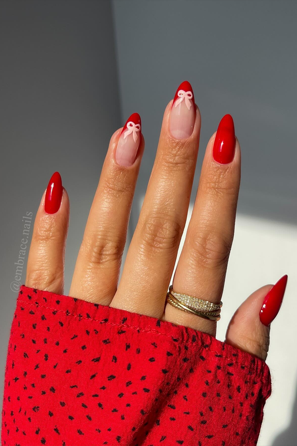 red french tip nails, red tip nails with bow