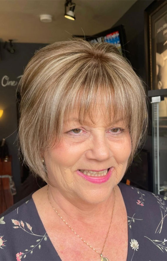 layered bob with wispy bangs over 50, Short Hairstyles for Women over 50, short haircuts for women over 50, bob haircuts women over 50 , haircuts for women over 50, short hairstyles for women over 50 with thick hair, short hairstyles for women over 50 with thin hair, youthful hairstyles over 50