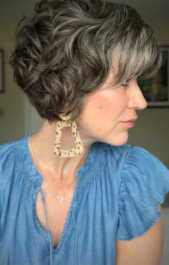 curly bixie haircut for women over 50, long pixie haircut with fringe