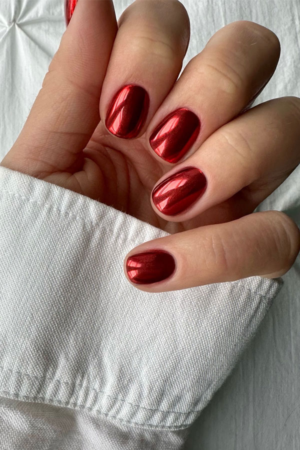 chrome red nails, cherry red nails, red nails almond, red nails short, red nails color