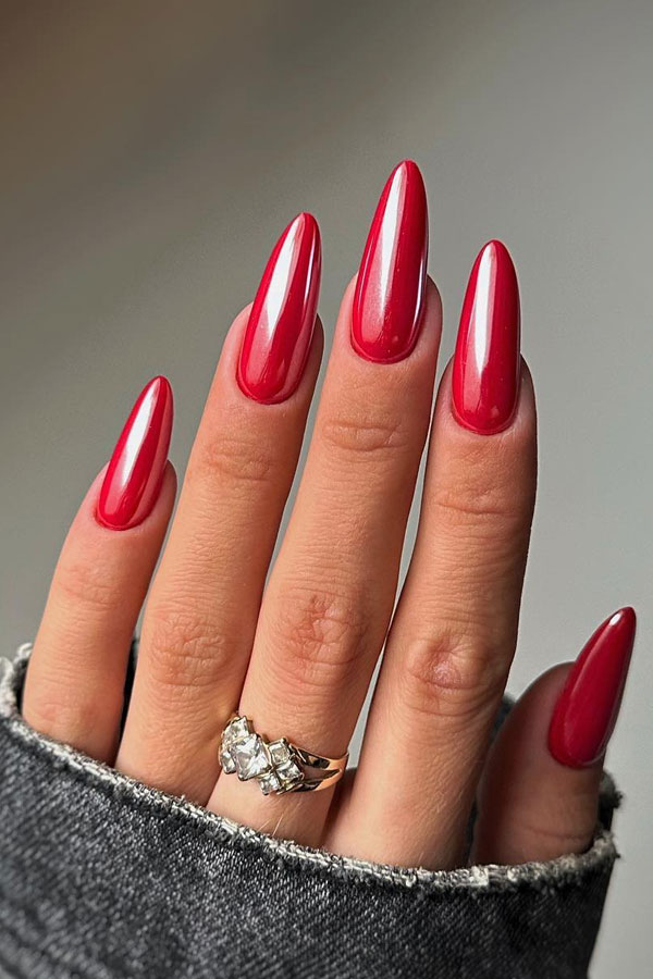 almond red nails, red nails color, red nails long