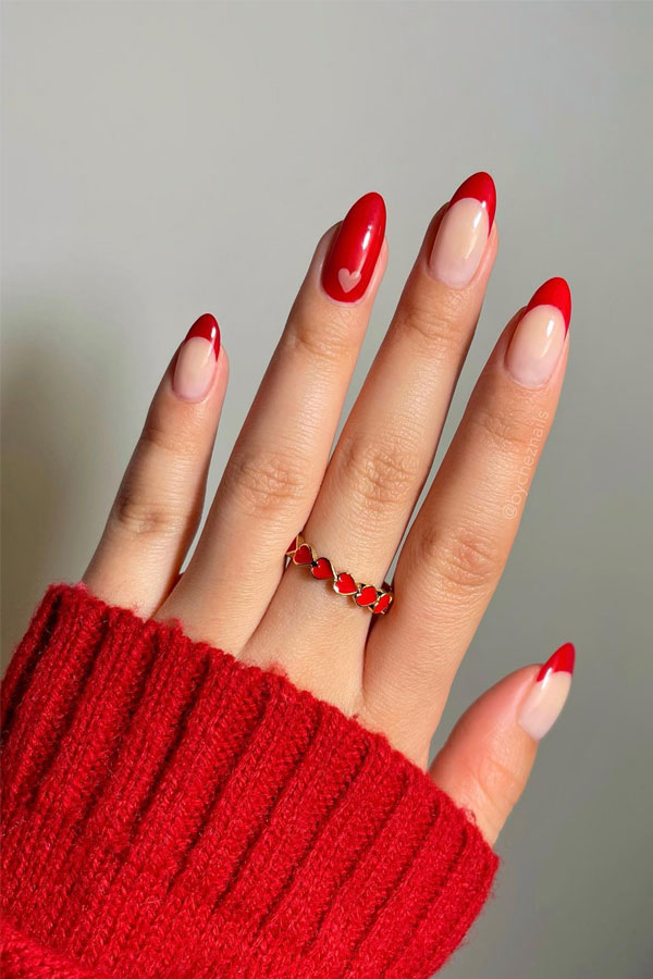 red french tip nails, red nail ideas