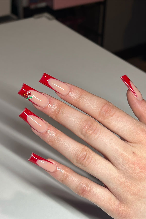 acrylic red french tip nails, red nails with cherry