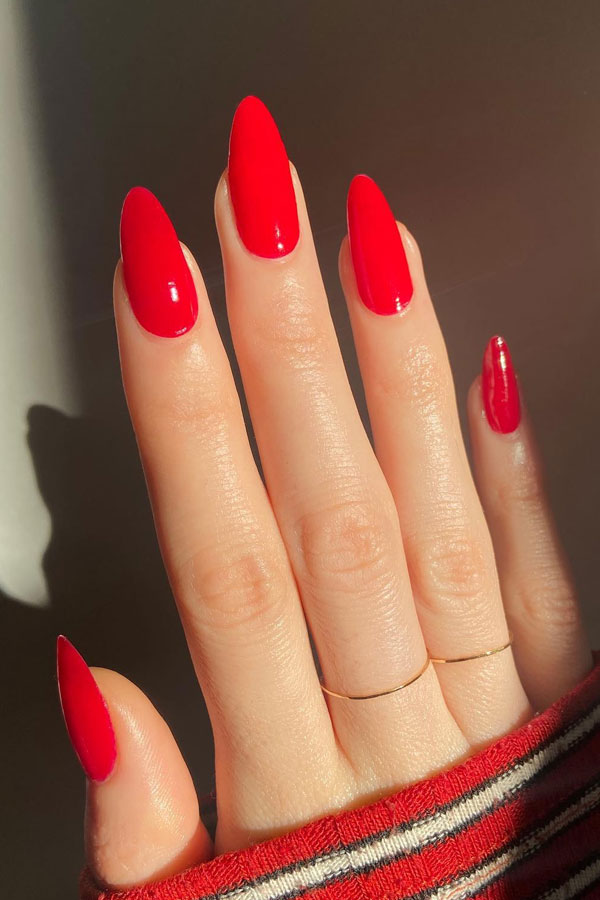 cherry red nails, red nails almond, red nails long, red nails color
