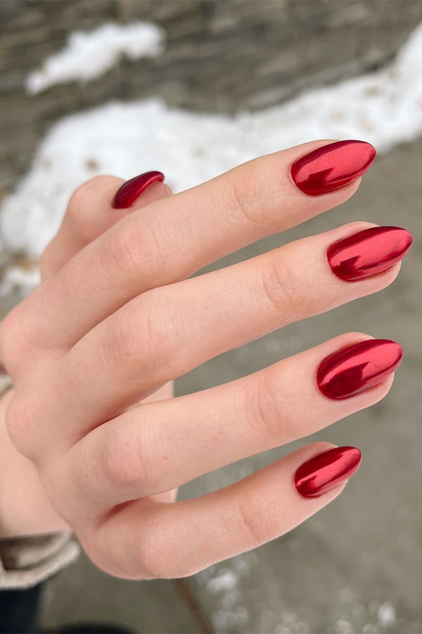 chrome red nails, cherry red nails, red nails almond, red nails long, red nails color