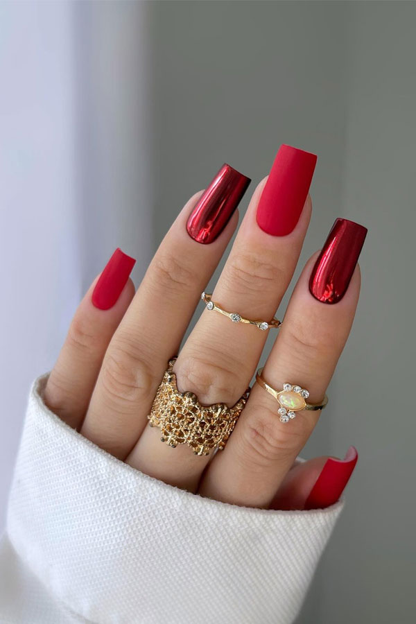 chrome red nails, cherry red nails, red nails almond, red nails long, red nails color