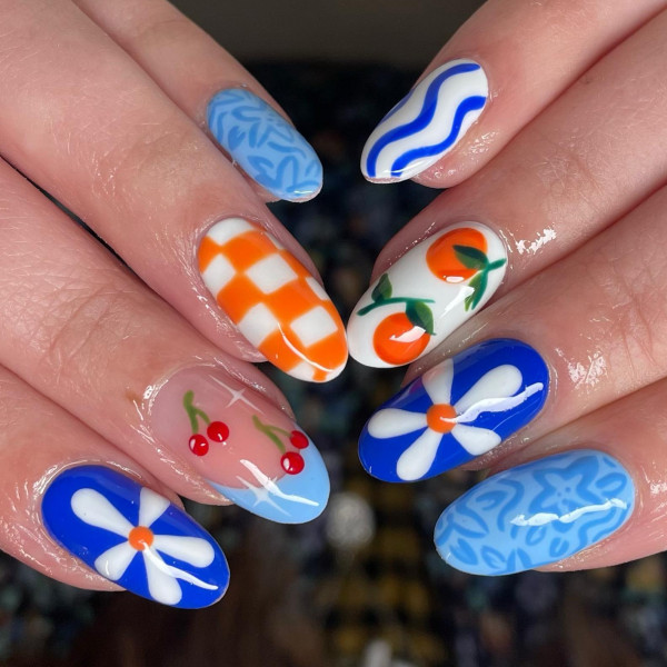 blue and orange nails, vibrant summer nails, summer nail designs