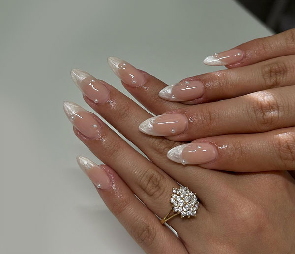 pearl french tip nails, wedding nails, classy summer nails