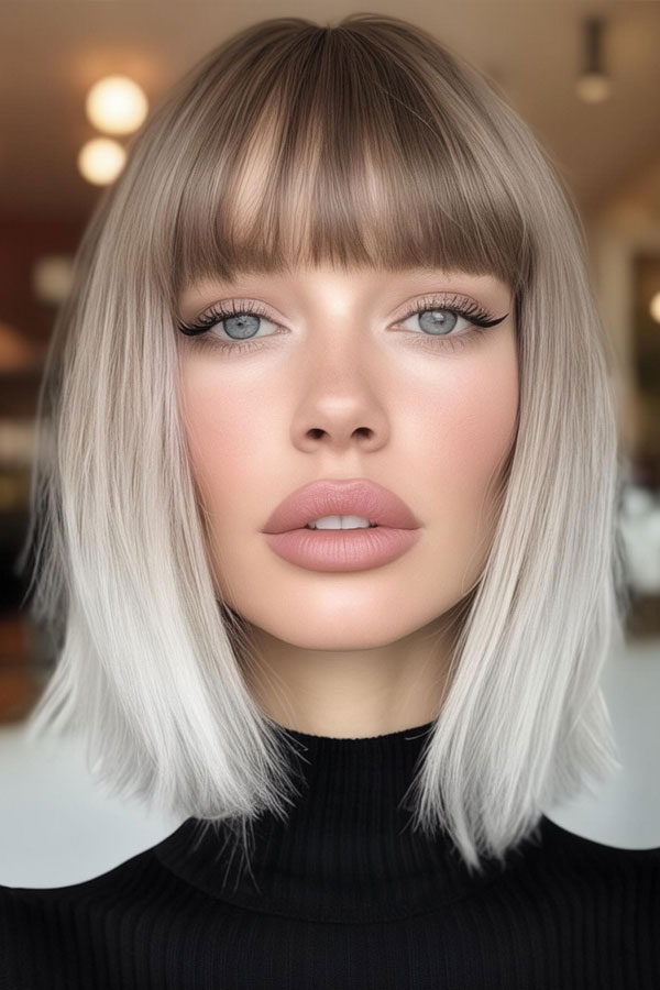 Ombre Icy Blonde Sleek Lob with Full Bangs