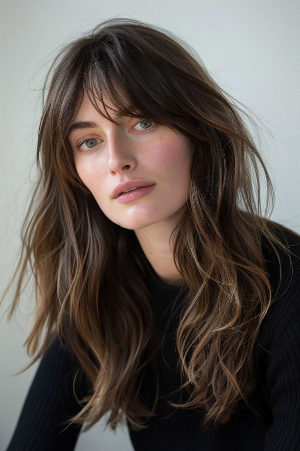 blended long layered haircut with wispy fringe