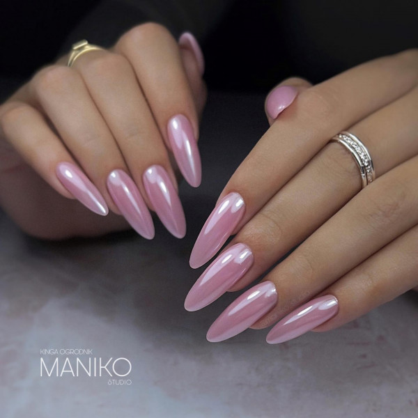 pink polish glazed effect nails, almond-shaped pink glazed nails, donut glazed pink nails