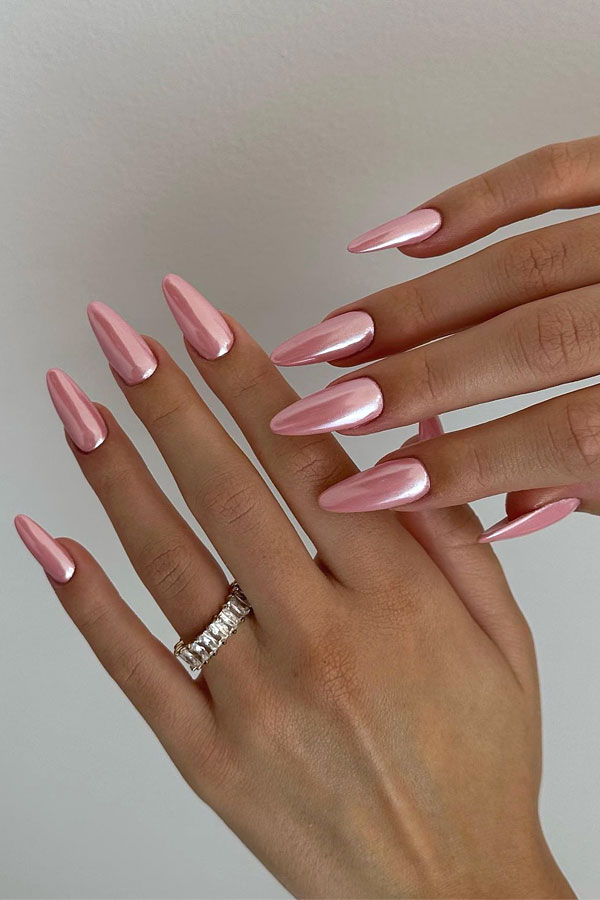 pink polish glazed effect nails, almond-shaped pink glazed nails, donut glazed pink nails