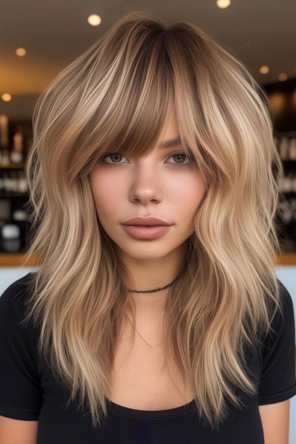 honey blonde shag haircut, layered shag haircut, shaggy haircut