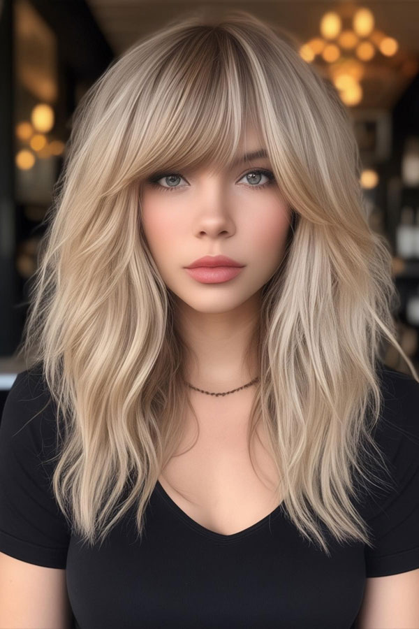 platinum blonde shaggy haircut with fringe