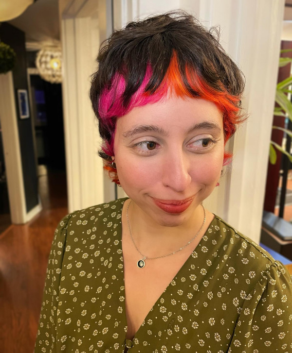 Pixie Mullet with Pink and Orange Color Blocking, bold and edgy short haircut