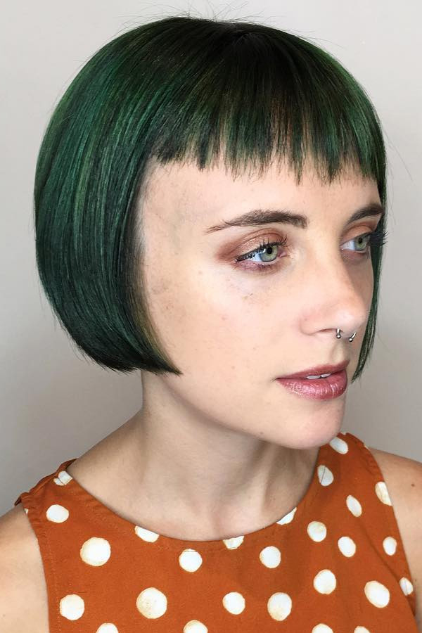 Sleek Green Bob with Mini Bangs