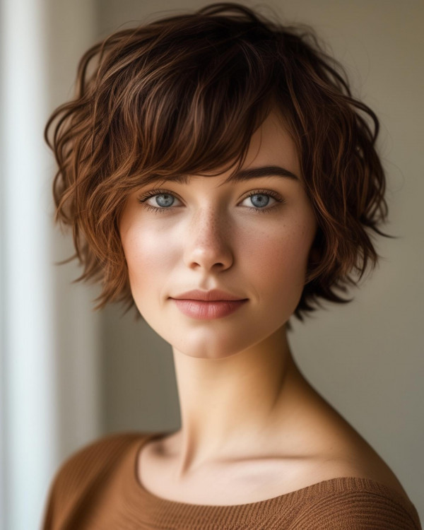 wavy bob with bangs, textured short haircut