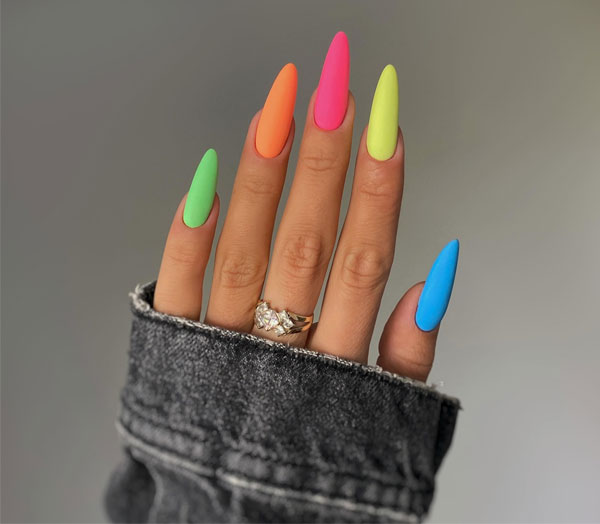 neon color nails, almond nails, almond nail designs, almond nail designs french, trendy almond nail designs, Almond nail designs acrylic, almond nail designs 2024, almond shape nail designs