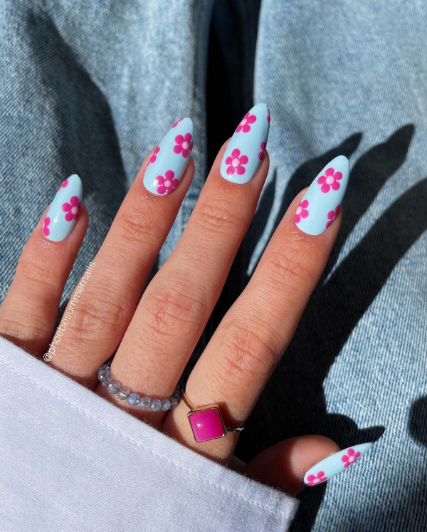 blue nails with florals, simple blue nails, trendy almond nail designs