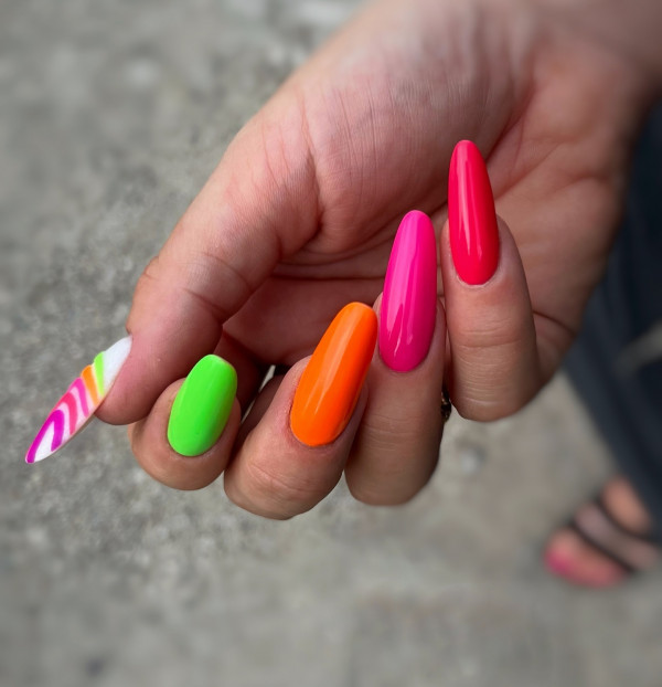 neon color nails, almond nails, almond nail designs, almond nail designs french, trendy almond nail designs, Almond nail designs acrylic, almond nail designs 2024, almond shape nail designs