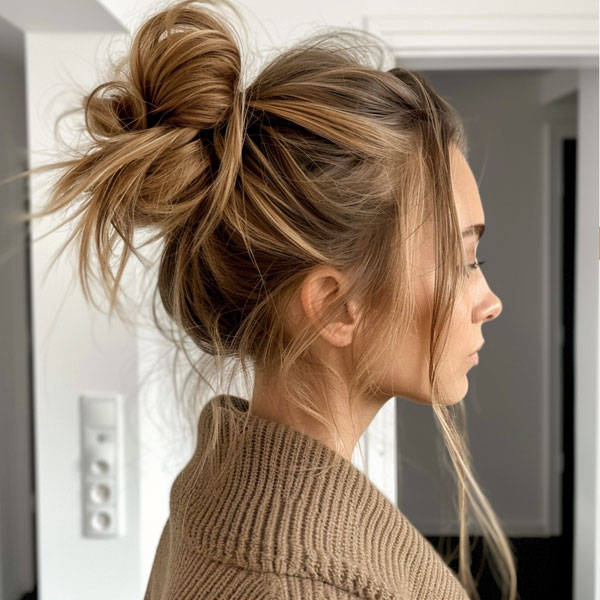 Messy Bun with Loose Strands, cute summer hairstyle