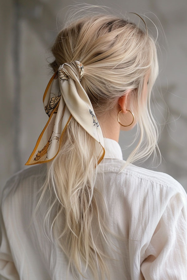 Scarfed Low Pony, cute summer hairstyle