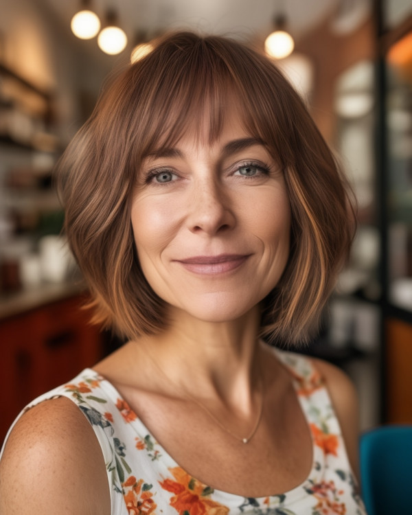 Soft Copper Chestnut Bob with bangs, Copper Chestnut Bob For Women Over 50