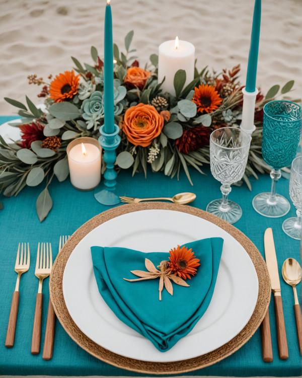 teal beach wedding, teal autumn wedding colour scheme 