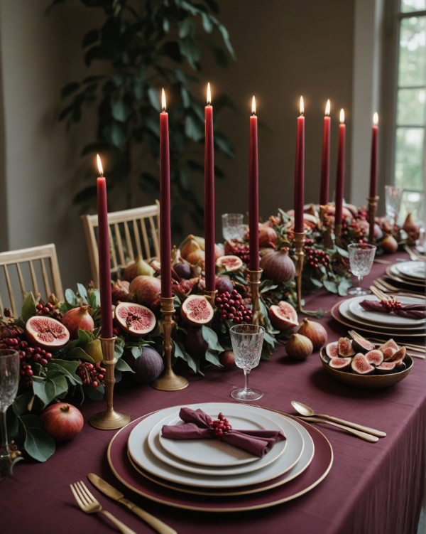 wine hued autumn wedding colour, wedding tablescape with figs