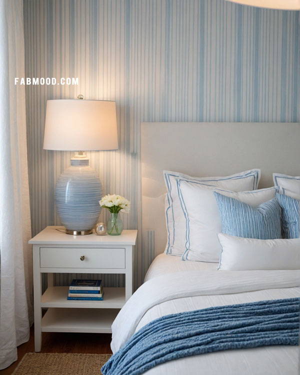 coastal bedroom, soft blue bedroom with blue stripped wallpaper