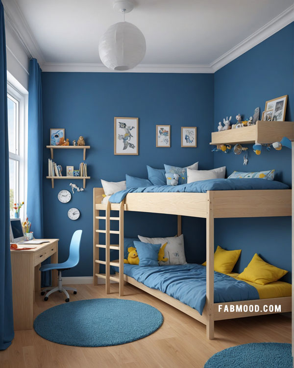 toddler blue bedroom with study area