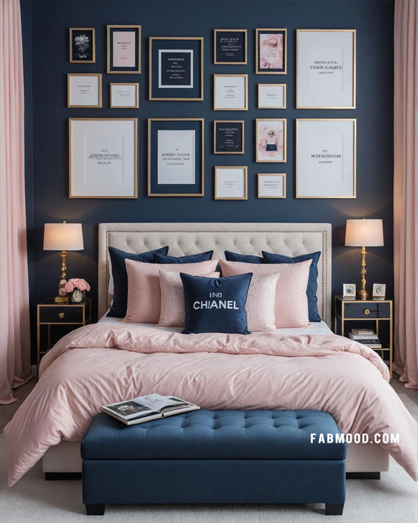 chic blue and pink bedroom, feminine bedroom