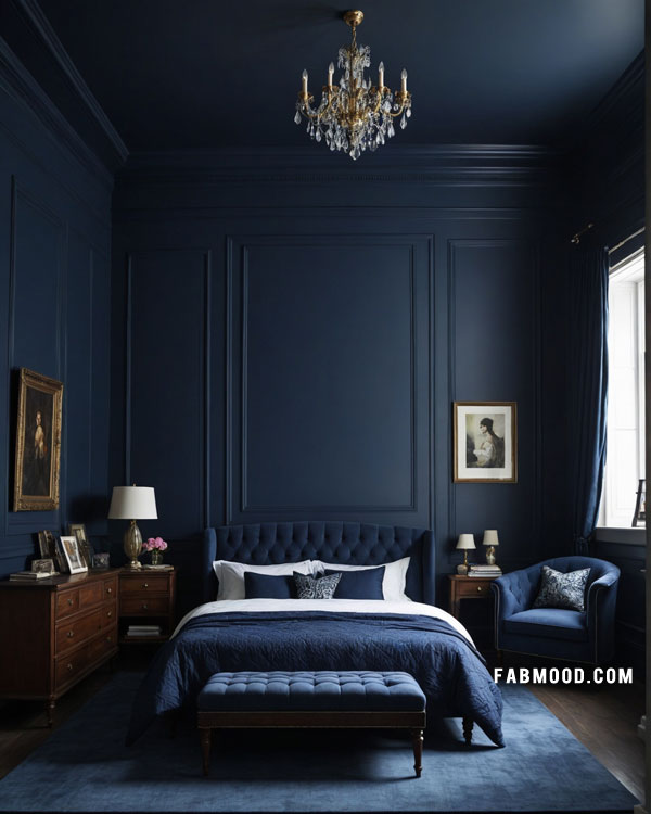 dark blue bedroom design, dark blue bedroom color