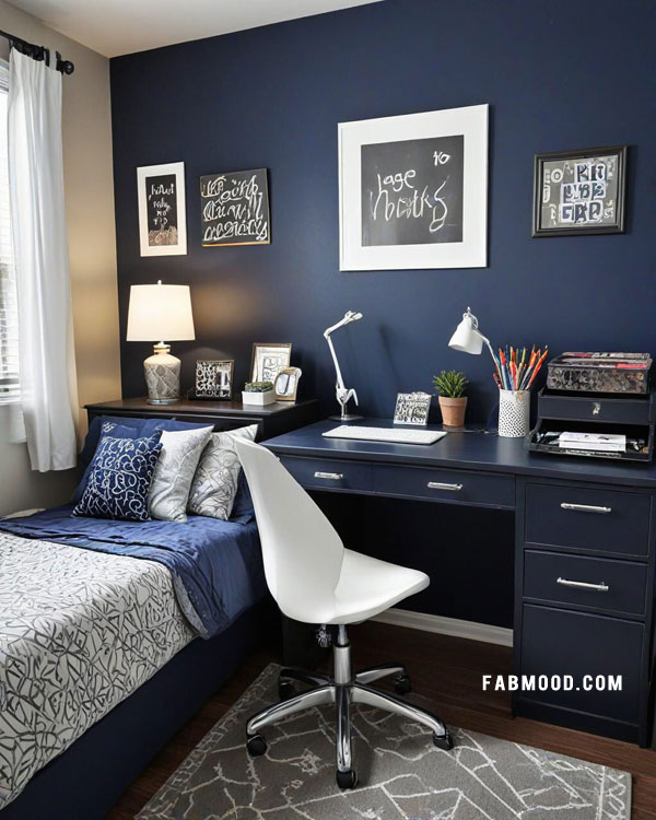 navy blue bedroom with study area