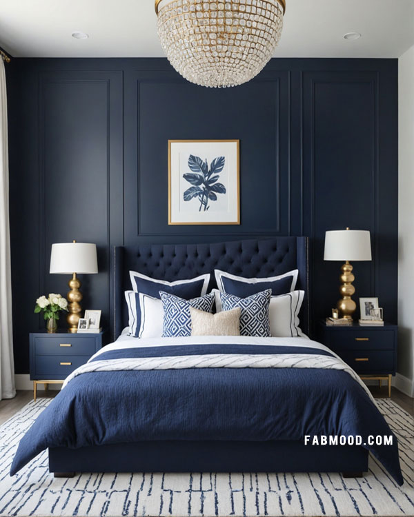 luxurious navy blue bedroom with white accents