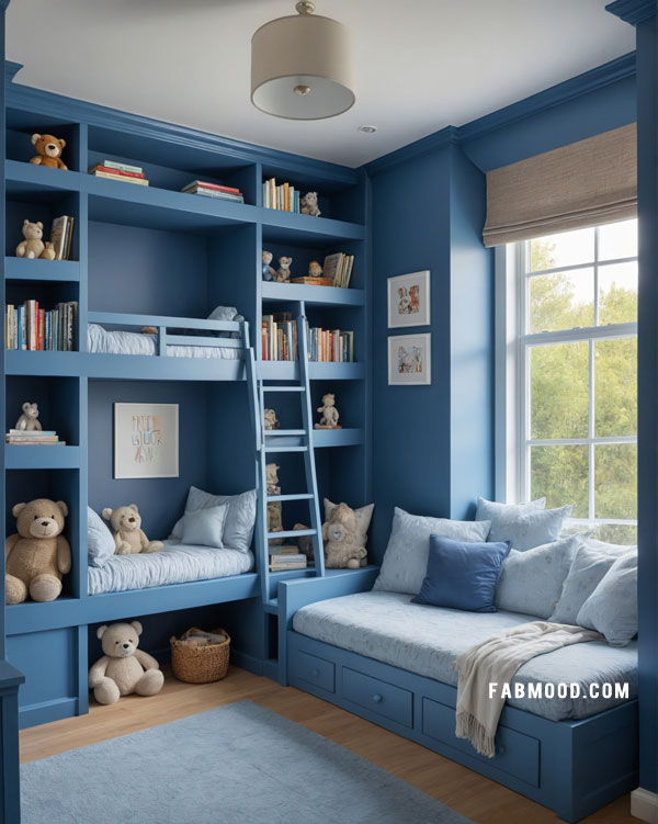 toddler blue bedroom with reading nook area