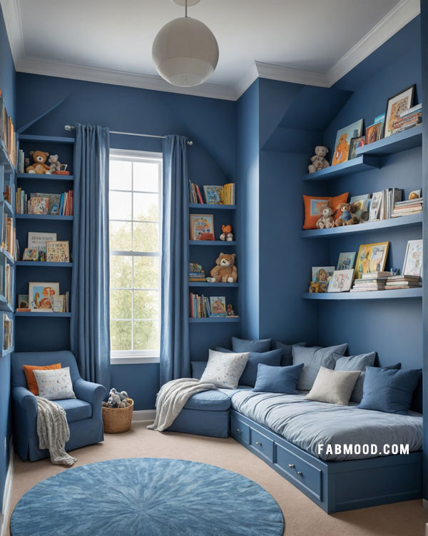 dusty blue bedroom with reading 