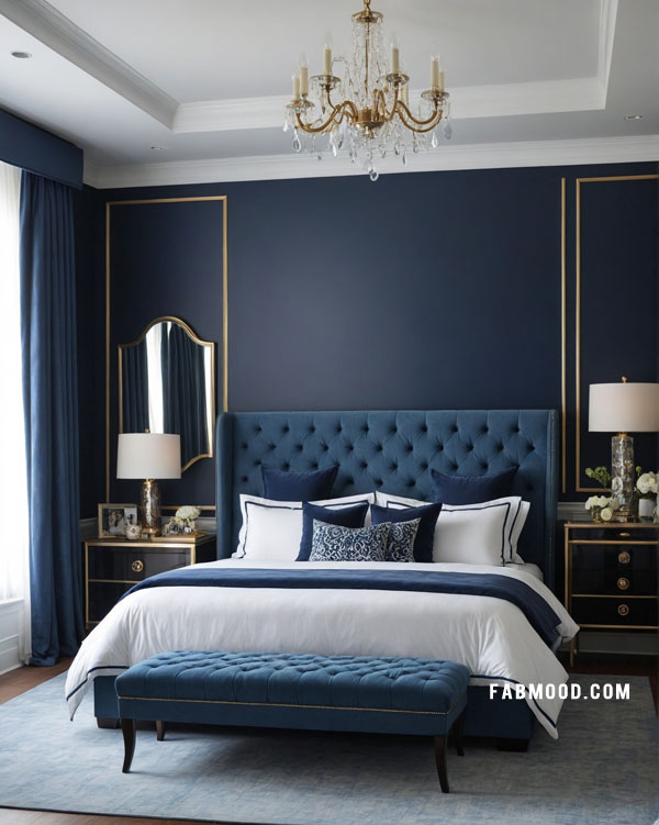 elegant dark blue bedroom with gold accents