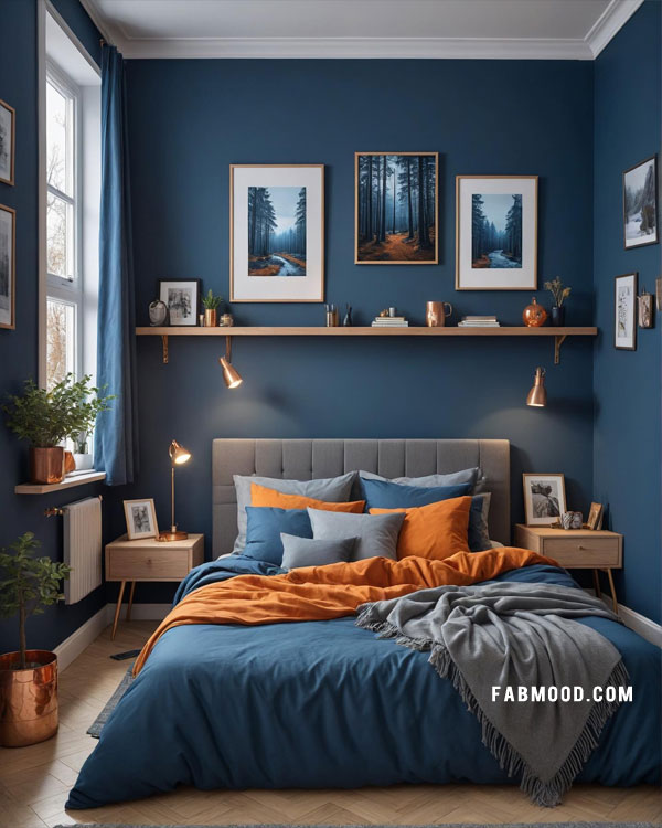 dark blue and orange bedroom with copper accents