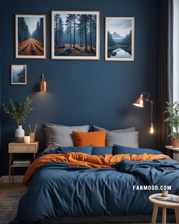 dark blue and orange bedroom with copper accents