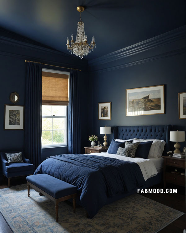 dark blue bedroom design, dark blue bedroom color